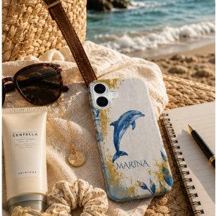 Personalised Coastal Dolphin Vintage Blue Ocean iPhone 16 Case