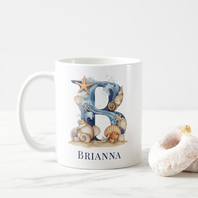 Personalised Coastal Monogram B Initial Beach Coffee Mug (With Donut)