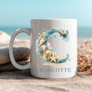 Personalised Coastal Monogram C Initial Beach Coffee Mug