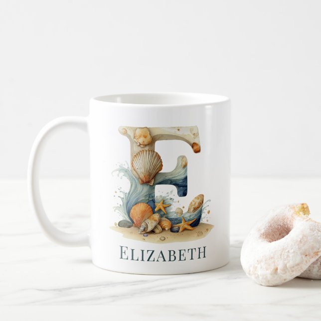 Personalised Coastal Monogram E Initial Beach Coffee Mug (With Donut)