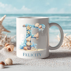 Personalised Coastal Monogram F Initial Beach Coffee Mug