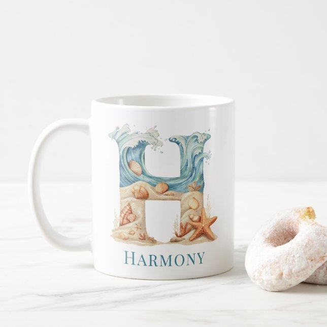 Personalised Coastal Monogram H Initial Beach Coffee Mug (With Donut)