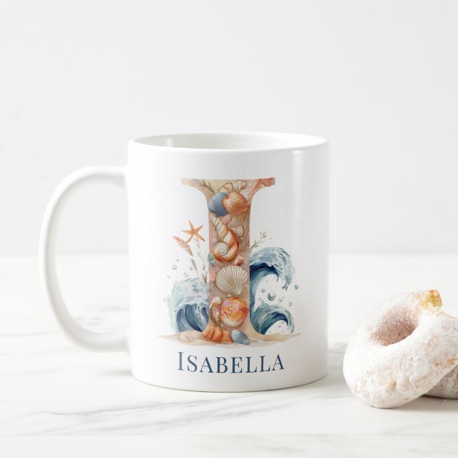 Personalised Coastal Monogram I Initial Beach Coffee Mug (With Donut)