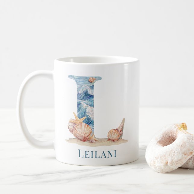 Personalised Coastal Monogram L Initial Beach Coffee Mug (With Donut)