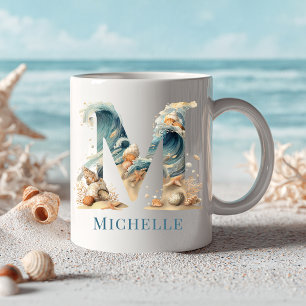 Personalised Coastal Monogram M Initial Beach Coffee Mug