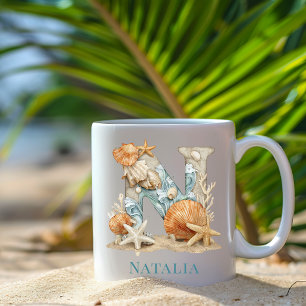 Personalised Coastal Monogram N Initial Beach Coffee Mug