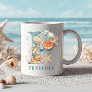 Personalised Coastal Monogram P Initial Beach Coffee Mug