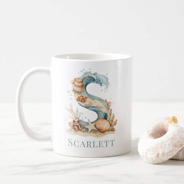 Personalised Coastal Monogram S Initial Beach Coffee Mug (With Donut)