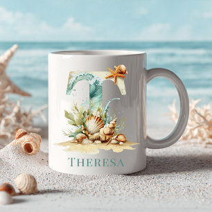 Personalised Coastal Monogram T Initial Beach Coffee Mug
