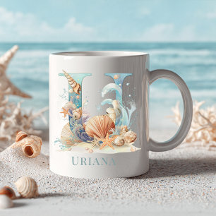 Personalised Coastal Monogram U Initial Beach Coffee Mug