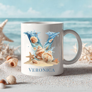 Personalised Coastal Monogram V Initial Beach Coffee Mug