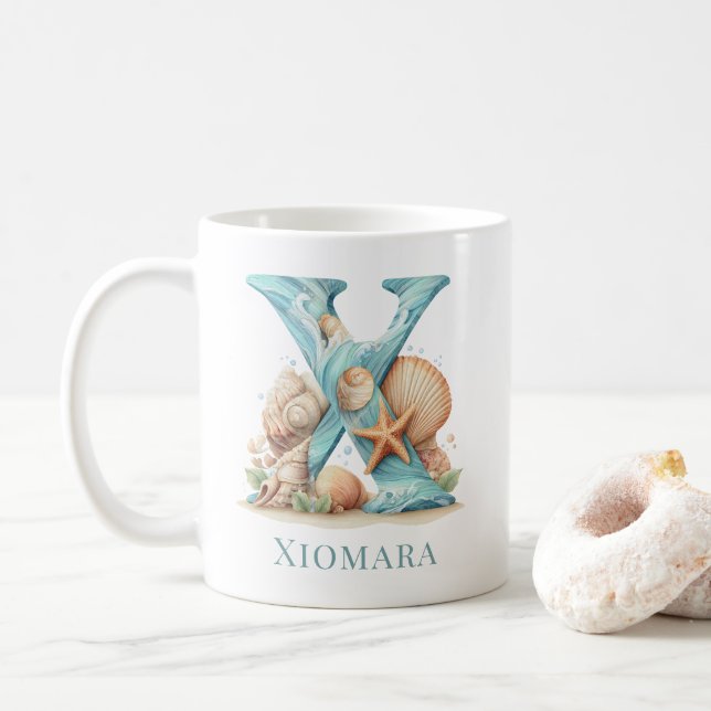 Personalised Coastal Monogram X Initial Beach Coffee Mug (With Donut)
