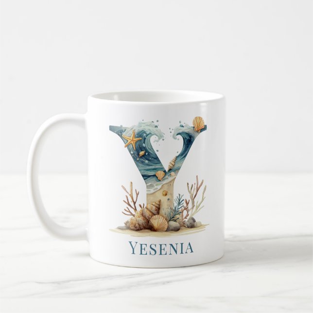 Personalised Coastal Monogram Y Initial Beach Coffee Mug (Left)