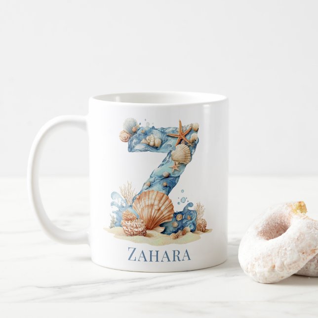 Personalised Coastal Monogram Z Initial Beach Coffee Mug (With Donut)