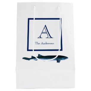 Personalised Coastal Navy Blue White Shark Medium Gift Bag