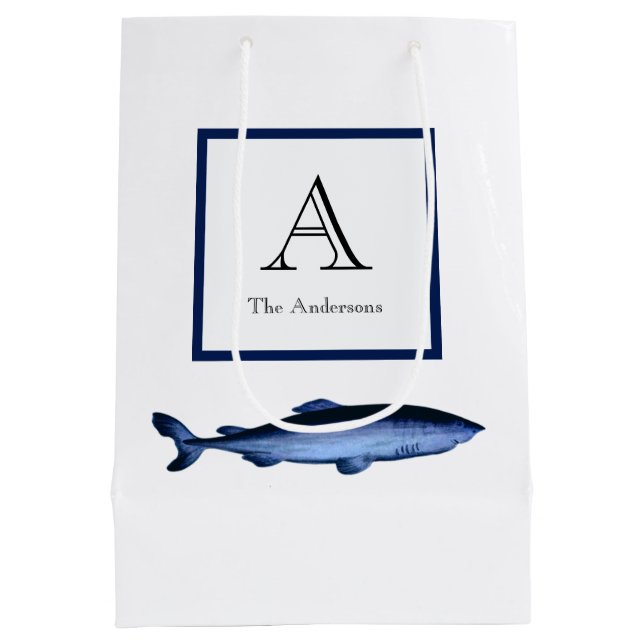 Personalised Coastal Navy Blue White Shark Medium Gift Bag (Back)