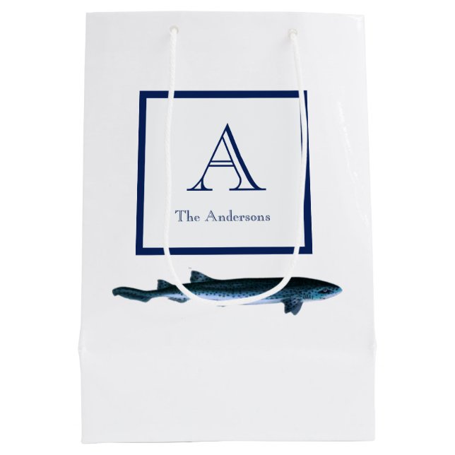 Personalised Coastal Navy Blue White Shark Medium Medium Gift Bag (Back)