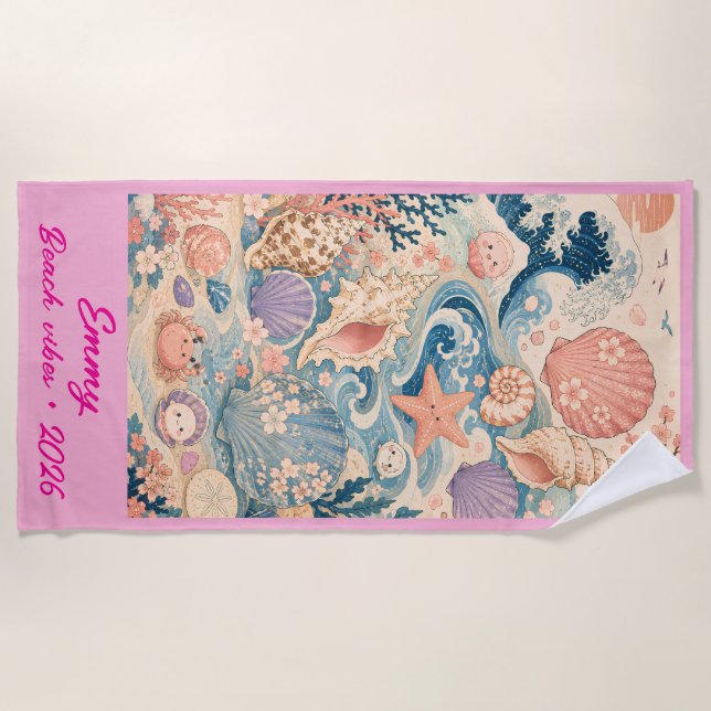 Personalised Coastal Seashell Beach Towel  (Front)