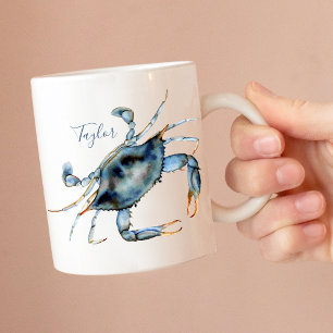 Personalised Coastal Watercolor Blue Crab Coffee Mug