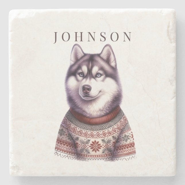 Personalised Coaster, Festive Siberian Husky Stone Coaster (Front)