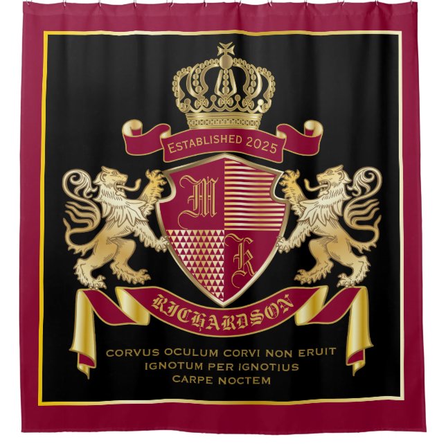 Personalised Coat of Arms Red Gold Lion Emblem Shower Curtain (Front)