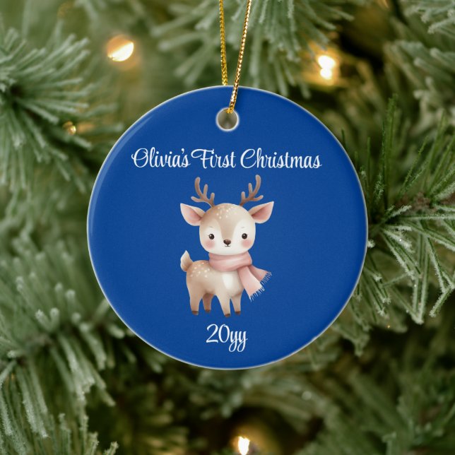 Personalised Cobalt Blue Baby Girl First Christmas Ceramic Tree Decoration (Tree)