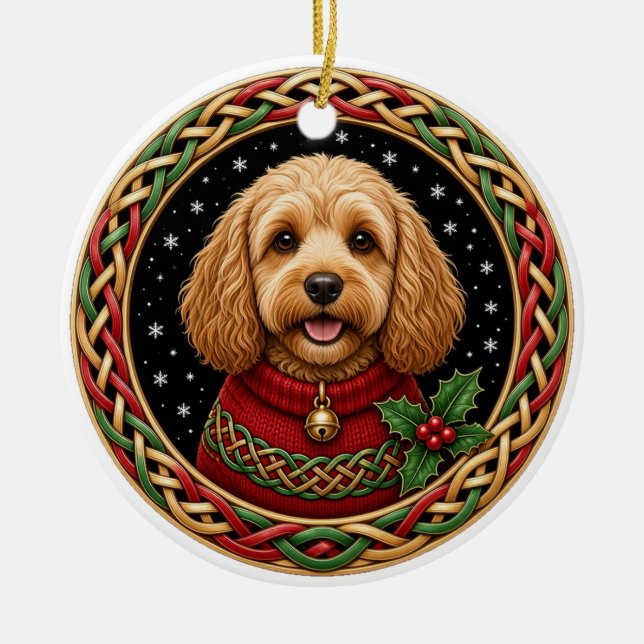Personalised Cockapoo Celtic Knot Christmas Ceramic Tree Decoration (Front)
