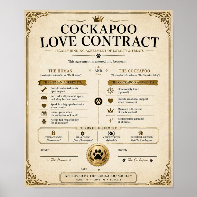 Personalised Cockapoo Love Contract Gift Poster (Front)