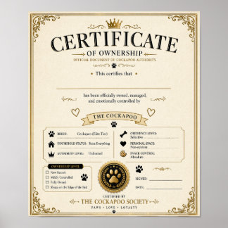 Personalised Cockapoo Owner Certificate – dog gift Poster