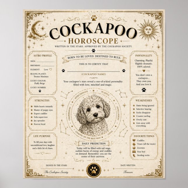 Personalised Cockapoo Star Sign Print Gift (Front)