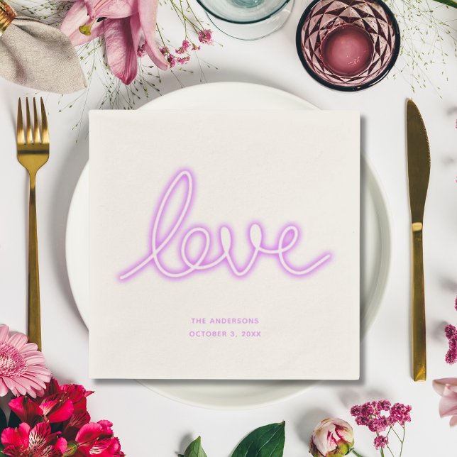 Personalised Cocktail Napkins Neon Love Purple (Personalized Cocktail Napkins Neon Love Purple Napkins Wedding)