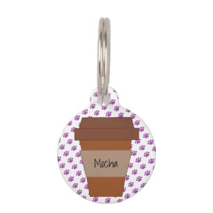 Personalised Coffee Cup on Purple Paw Prints Pet Tag