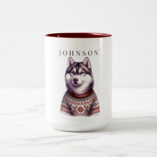 Personalised Coffee Mug, Festive Siberian Husky Two-Tone Coffee Mug