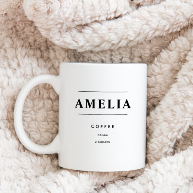 Personalised Coffee Order, Custom drink Coffee Mug (Personalized Name and Drink order coffee mug with black text shown on blanket background. )