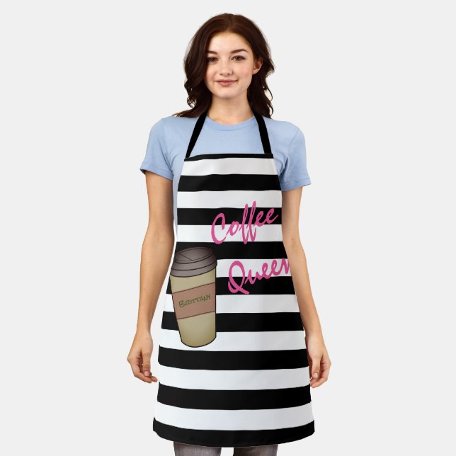 Personalised Coffee Queen Striped Apron (Worn)