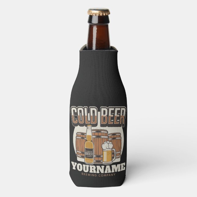 Personalised Cold Beer Oak Barrel Brewery Brewing  Bottle Cooler (Bottle Front)