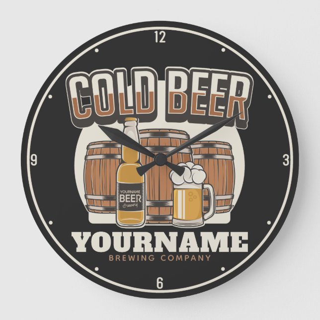 Personalised Cold Beer Oak Barrel Brewery Brewing  Large Clock (Front)