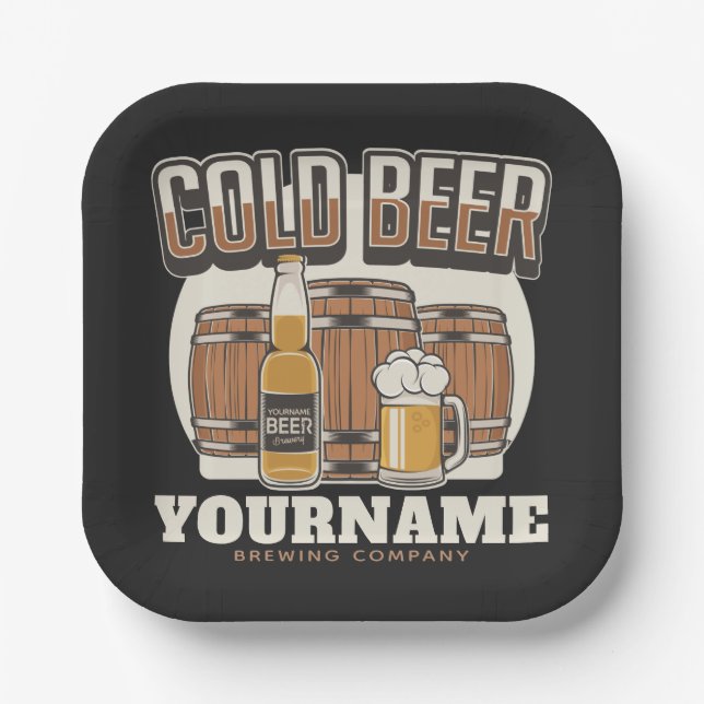 Personalised Cold Beer Oak Barrel Brewery Brewing  Paper Plate (Front)