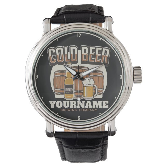 Personalised Cold Beer Oak Barrel Brewery Brewing Watch (Front)