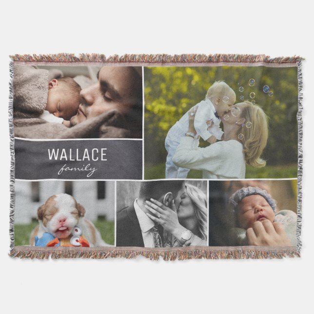Personalised Collage photos with family name Throw Blanket (Front)