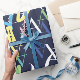 personalised colour kids initial pattern on blue wrapping paper