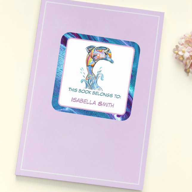 Personalised Colour Pencil Dolphin Jumping Square Sticker (This colorful Dolphin illustration is a fun book sticker for your child!)