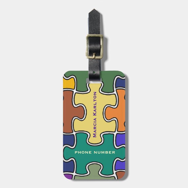 personalised colour puzzle pieces luggage tag (Front Vertical)