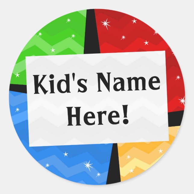 Personalised Colour Squares Kids School Name Classic Round Sticker (Front)