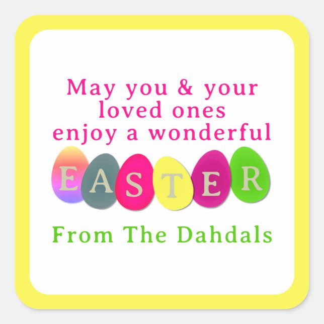 Personalised Coloured Easter Eggs Typography Yello Square Sticker (Front)