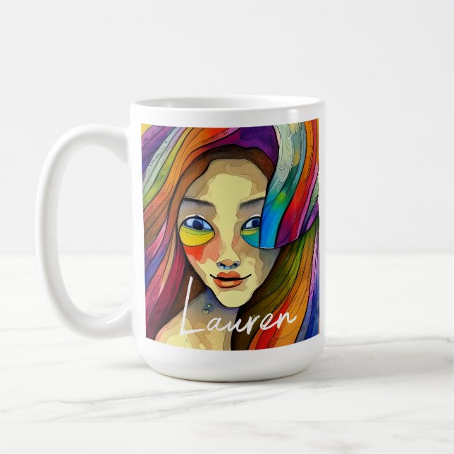 Personalised Colourful Abstract Art Pretty Girl Coffee Mug (Left)