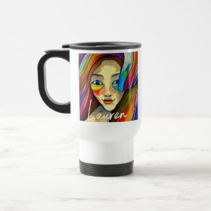 Personalised Colourful Abstract Art Pretty Girl Travel Mug