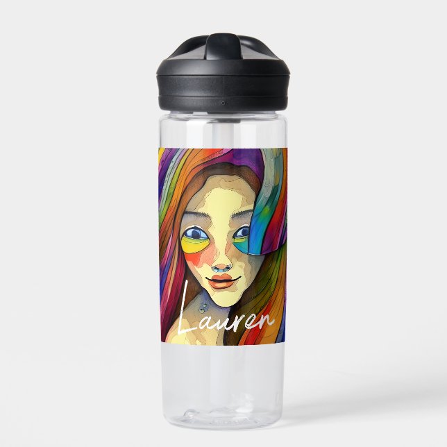 Personalised Colourful Abstract Art Pretty Girl Water Bottle (Front)