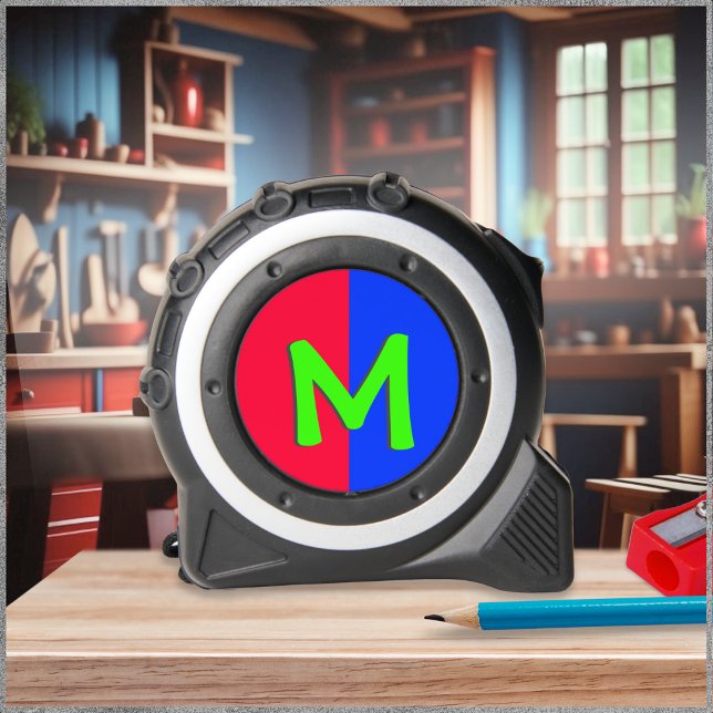 Personalised Colourful Bright Monogram Measuring 1 (A monogrammed tape measure, with bright, colorful and simple design in red, blue and lime green)