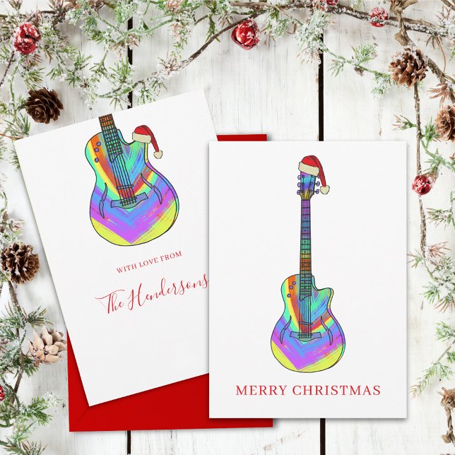 Personalised Colourful Christmas Guitar Holiday Card (Colorful Christmas guitar Santa personalized holiday card)